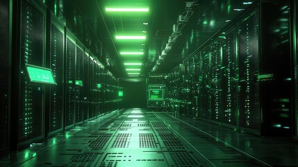Modern data center storing digital information with green server racks