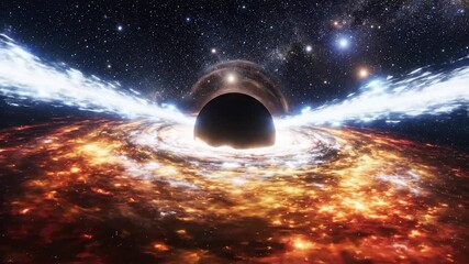 Dramatic cosmic spectacle of a black hole with accretion disk and glowing nebulae in deep space - Powered by Adobe