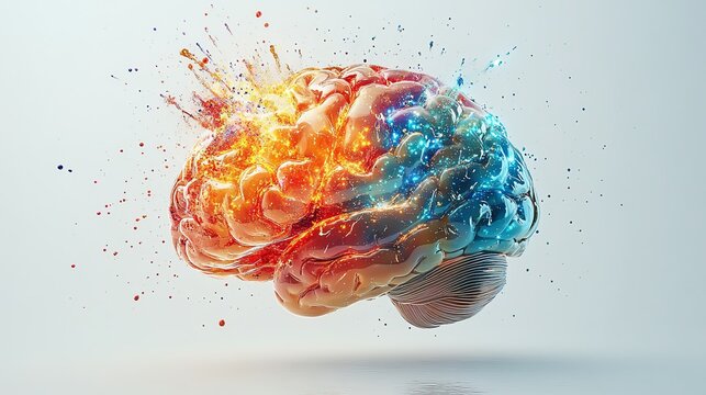 Generative AI illustration of a human brain exploding with streams of knowledge