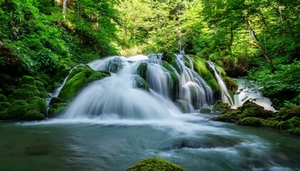 Fototapeta premium Waterfall Cascades In A Green Forest