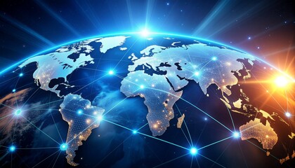 Fototapeta premium Digital visualization of a global business network expansion, showing a glowing world map connected by blue lines and nodes, symbolizing worldwide communication and technology