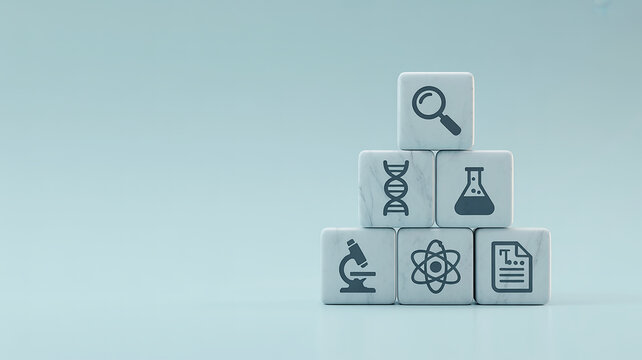 Cubes with icons representing science and research stacked in a pyramid shape