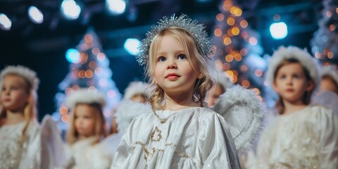 Young child in white angel costume with silver halo and wings performs in school nativity play amid twinkling lights. Innocent holiday pageant wonder, magical children's Christmas theater vibe.