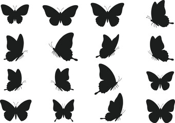 Set of butterfly silhouettes in various flying and side view positions, elegant black insect vector illustration for design, decoration, and pattern artwork