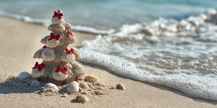 Sand Christmas tree adorned with seashells and red ribbon bows on sunny tropical beach with ocean waves. Whimsical coastal holiday craft, relaxed seaside festive vibe.