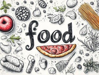 Hand-drawn Food Elements with "Food" Text, Catering Illustration Design, Food Art and Design Material