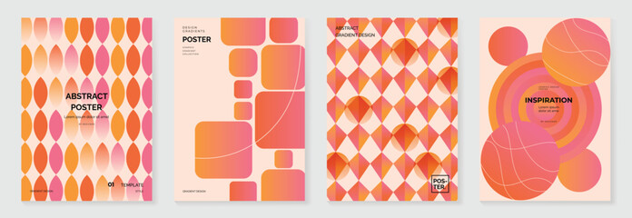 Collection of 70s color gradient poster background vector. Set of retro wall decoration, groovy, trippy, geometric shape. Vintage hippie wall art for interior, decorative, banner, cover, card.