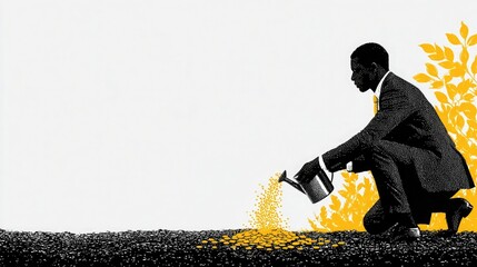 Black vector of a businessman planting dollar seeds, pure white background. Represents growth mindset, investment opportunities, and financial nurturing.