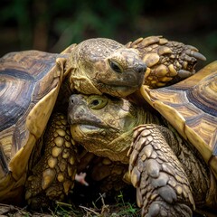 Naklejka premium A close-up view presents two tortoises, bodies touching, with textured shells and focused, inquisitive expressions. The soft sunlight adds warmth