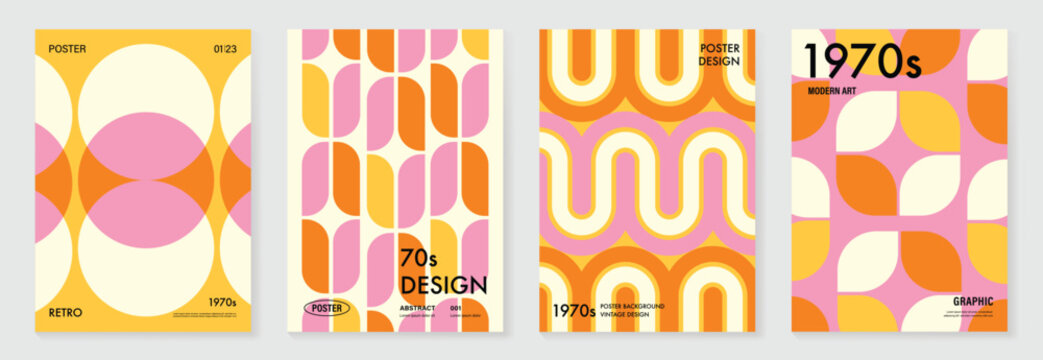 Collection of 70s color gradient poster background vector. Set of retro wall decoration, groovy, trippy, geometric shape. Vintage hippie wall art for interior, decorative, banner, cover, card.