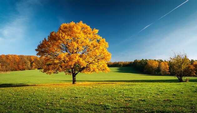 Yellow Autumn Tree On Green Field With Autumn Trees