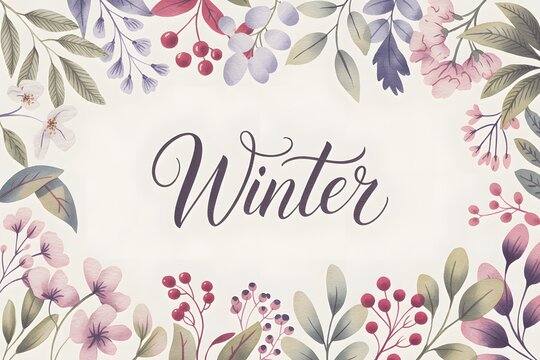 Winter floral frame with watercolor flowers and leaves on a light background