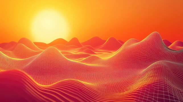 Glowing wireframe landscape with digital sun rising