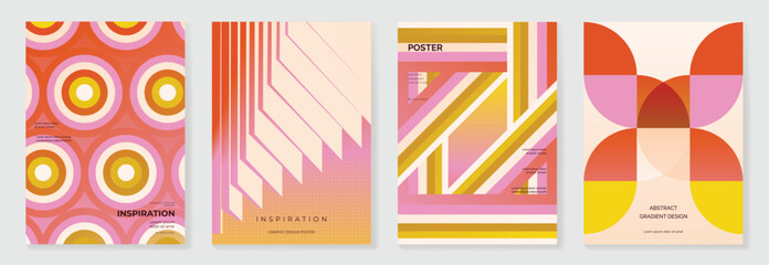 Fototapeta na wymiar Collection of 70s color gradient poster background vector. Set of retro wall decoration, groovy, trippy, geometric shape. Vintage hippie wall art for interior, decorative, banner, cover, card.