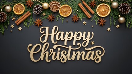 Happy christmas text with festive pine branches, dried orange slices, cinnamon sticks, and pine cones