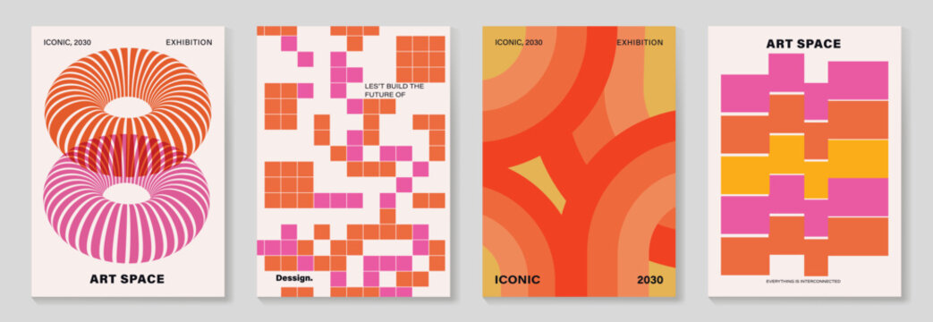 Collection of 70s color gradient poster background vector. Set of retro wall decoration, groovy, trippy, geometric shape. Vintage hippie wall art for interior, decorative, banner, cover, card.