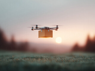 A drone delivers a package at sunset, showcasing innovation and future technology. Illustrates fast shipping, modern logistics, and efficient delivery services.