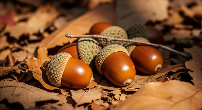 Sunlit group of fresh, shiny acorns resting on dry autumn leaves.
A close-up, horizontal shot features a small cluster of ripe acorns gathered on a bed of dry, brown, and golden fallen oak leaves