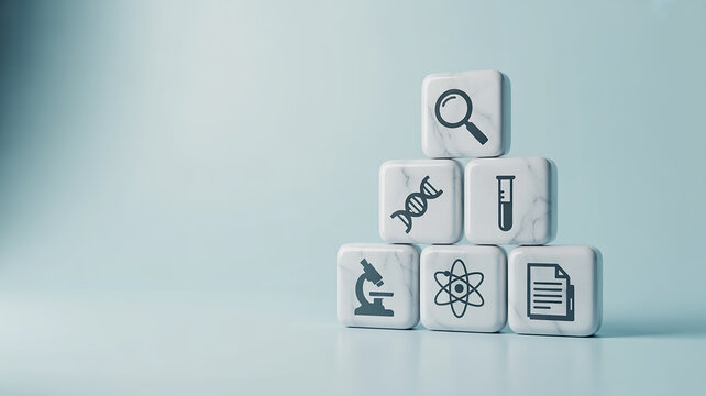 Stack of cubes with science icons representing research and development