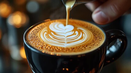 With an artist's steady hand a barista pours steamed milk in slow motion crafting the perfect latte art heart a warm and inviting vision for a cozy coffee shop commercial or cafe menu