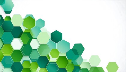 A cluster of hexagonal shapes in varying shades of green, arranged diagonally against a white background, creating an abstract design
