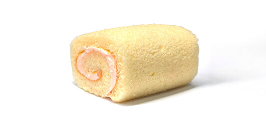 Jam roll with cream filling on white background