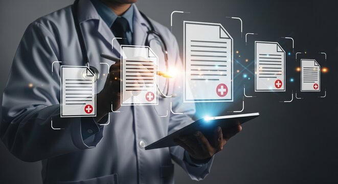 Doctor reviewing digital medical records on a tablet with holographic interface showing patient files and health icons