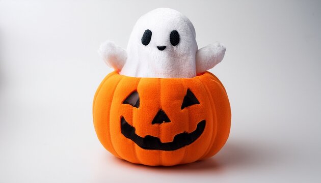 Cute Ghost In Pumpkin Plush Toy With Tiny Claws Style Halloween Design Kawaii Style White Background White Background - Powered by Adobe