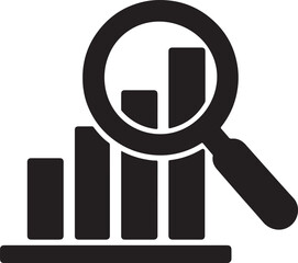 Analytics magnifying glass over chart icon in vector style for data inspection, review, metrics, and insights.