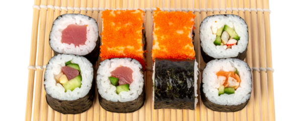 Top View of Assorted Maki Sushi Pieces on Minimal Bamboo Mat, Transparent Background
