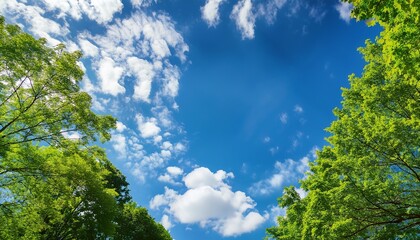 Bright Blue Sky With Scattered White Clouds Surrounded By Vibrant Green Tree Leaves On A Sunny Day