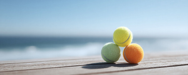 Colorful tennis balls stacked on a wooden surface, with a calming ocean backdrop. Symbolizes recreation, leisure, and vibrant energy. Use for summer vibes, health.