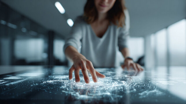 Woman interacts with holographic interface on a table. Modern technology concept. Innovation, future, science, data analysis, artificial intelligence themes.