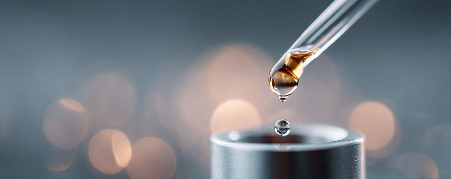 Precision medicine. Aromatic oil essence dropping from a pipette into a container. Scientific or cosmetic research. Highquality ingredient concept. Clean and modern style.