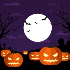 Fototapeta premium Halloween, Halloween Night with Carved Pumpkins, Bats, Moon, and Spooky Cem