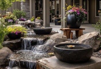 Lush outdoor patio with multiple cascading water features, large planters, and natural rocks