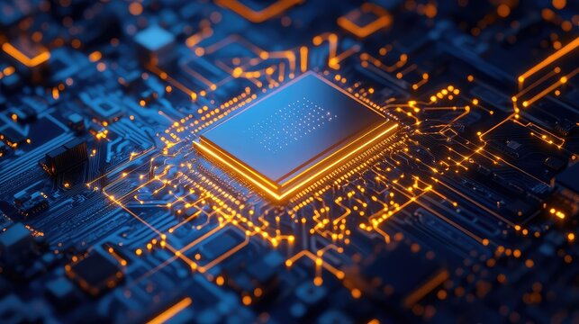 Microprocessor transmitting data on glowing circuit board