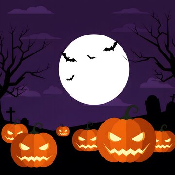 Halloween, Halloween Night with Carved Pumpkins, Bats, Moon, and Spooky Cem
