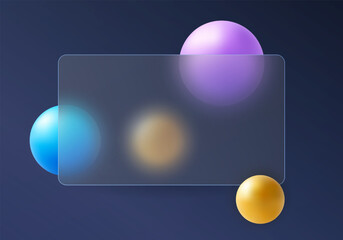 Dark glass panel design with glowing 3D spheres in gold, blue and purple tones