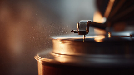 Nostalgic closeup of a vintage record player stylus on a vinyl record. Evokes memories, history, and audio enjoyment. Perfect for music or retro themes.
