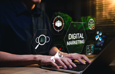 Person using laptop with digital marketing icons, representing online advertising, data analytics, email campaigns, and social media strategy for business growth, audience targeting, global outreach,