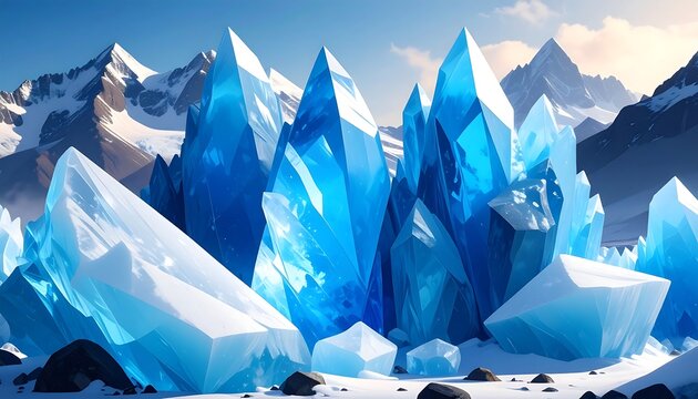 A cluster of shimmering, jagged blue and white crystalline formations dominate the foreground. Snow-capped mountains stand in the distance
