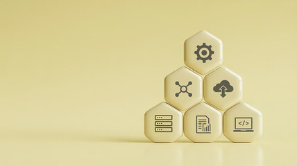 Stack of hexagonal blocks with icons representing data, technology, and cloud computing