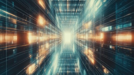 Digital data flowing through a futuristic network tunnel