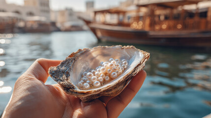 Hand holding oyster shell full of pearls near traditional boat, symbolizing marine treasure, luxury, craftsmanship and cultural heritage by the waterfront.