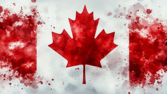 Artistic watercolor Canadian flag with paint splatters. Patriotism, national pride, Canadian identity. Grungy modern art style. Ideal for Canada Day, national holidays, and sporting events.