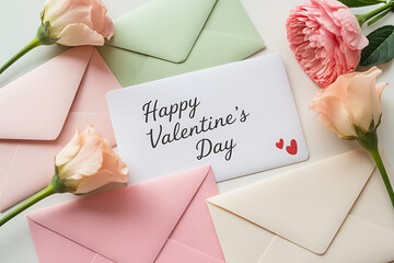 Romantic Valentine's Day greeting card with delicate pastel envelopes and flowers, expressing love and affection in a heartfelt way, perfect for special messages