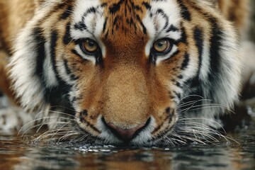 Close-up of a tiger's powerful face, reflected in water, intense amber eyes focused