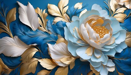 Abstract Light Blue And Gold Voluminous Peonies Floral Mural Background