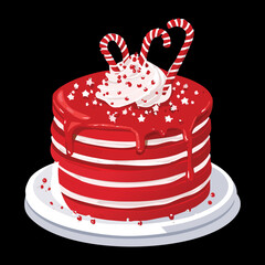 Mini Red Cake Dessert Topped with Fluffy White Cream and Festive Red and White Striped Candy Cane Pieces - Vector Illustration